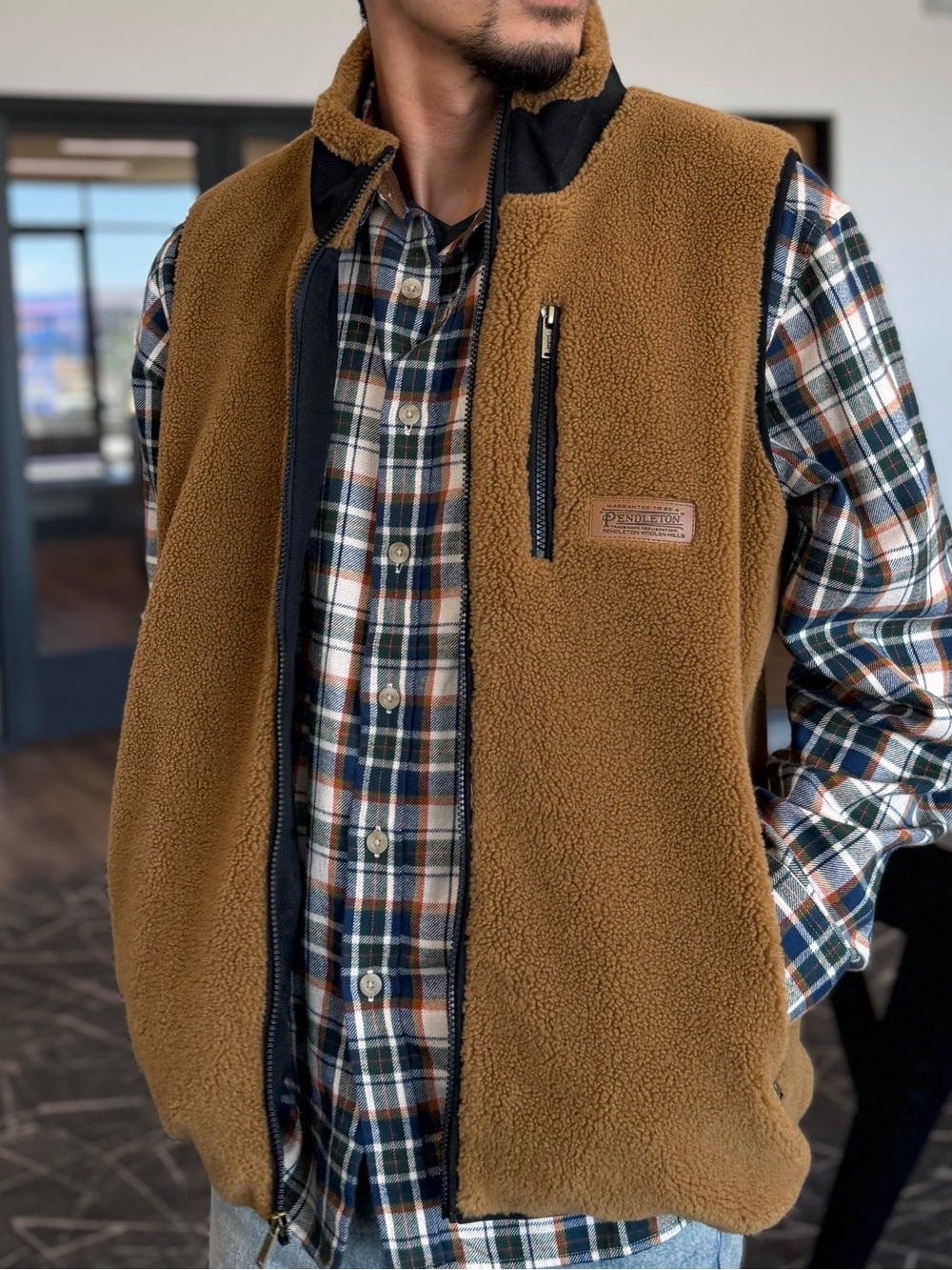Pendleton Brown Sherpa Zip Vest with Black Trim